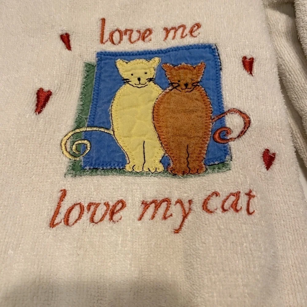 Velour Cream Bath Towels with Embroidered Cats “love me. love my cat - Vintage